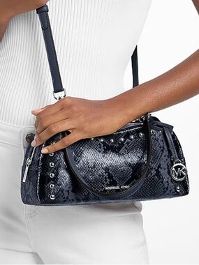 Michael Kors Cecily Small Studded Snake Embossed Shoulder Crossbody Bag Navy